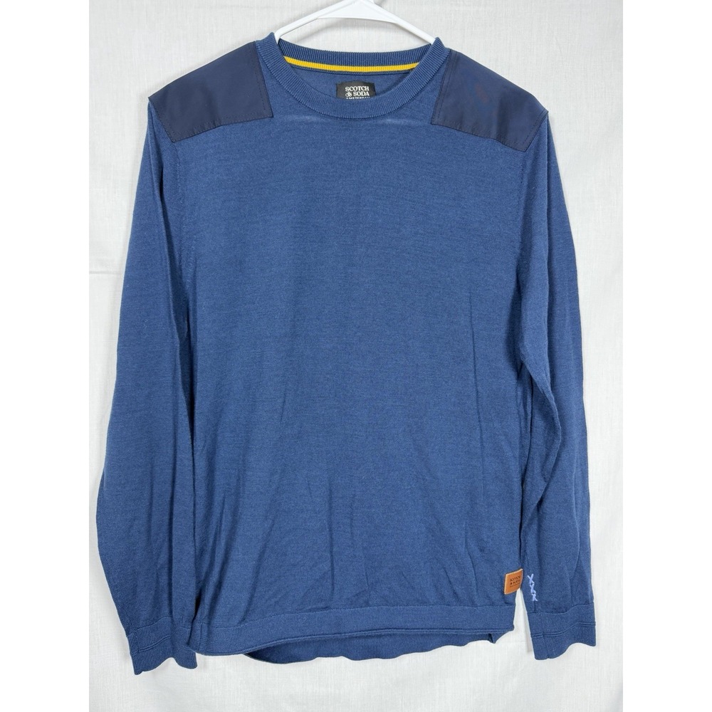 Scotch & Soda Merino Wool‎ Blend Sweater Blue Knit Pullover Shoulder Patches Lg
